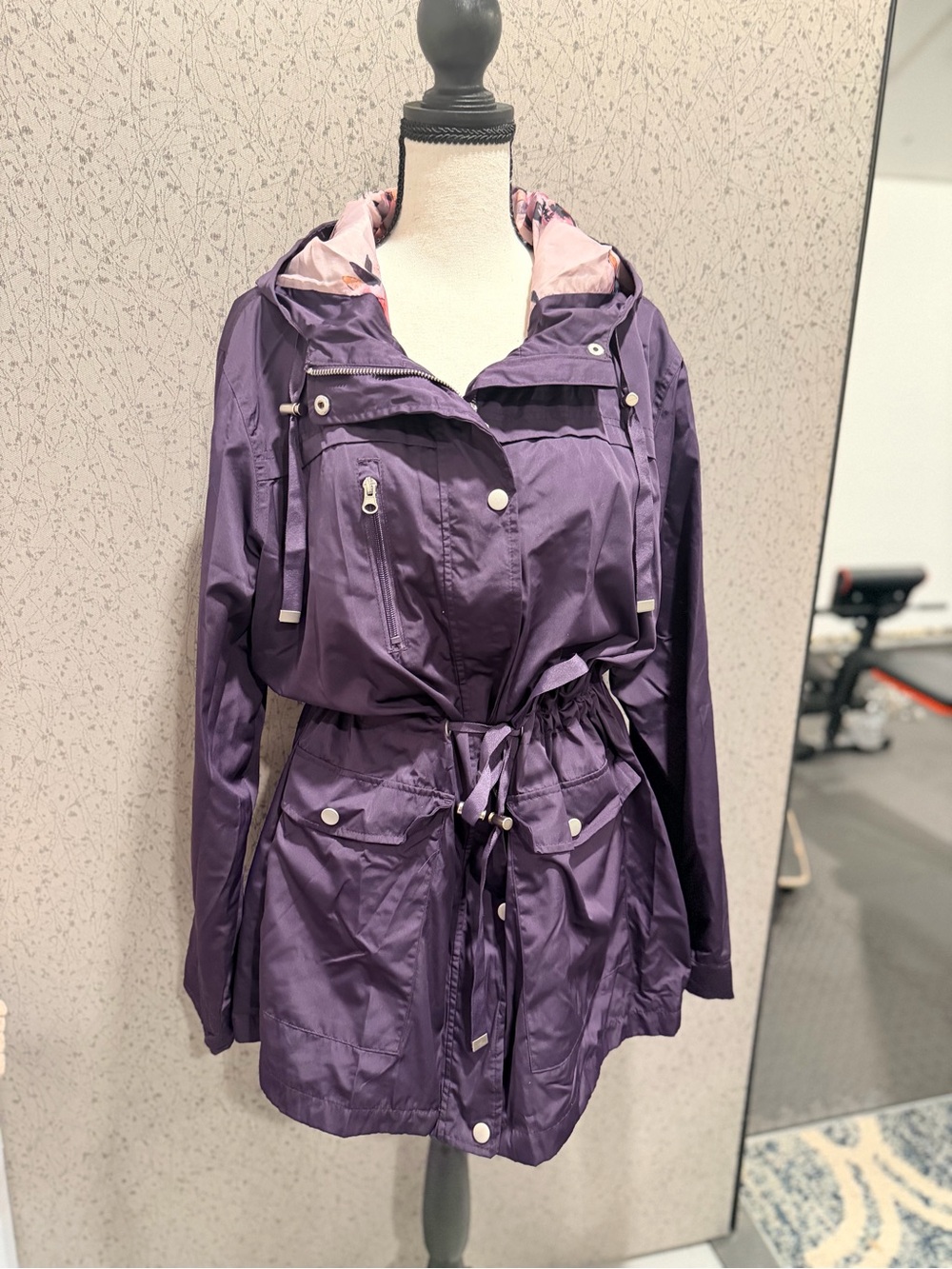 Time and Tru Purple Hooded Trench Coat with Drawstring Waist